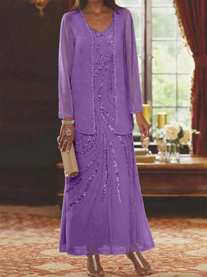 V-Neck Ankle-Length Sheath/Column Mother of the Bride Dresses with Sequins & Jacket