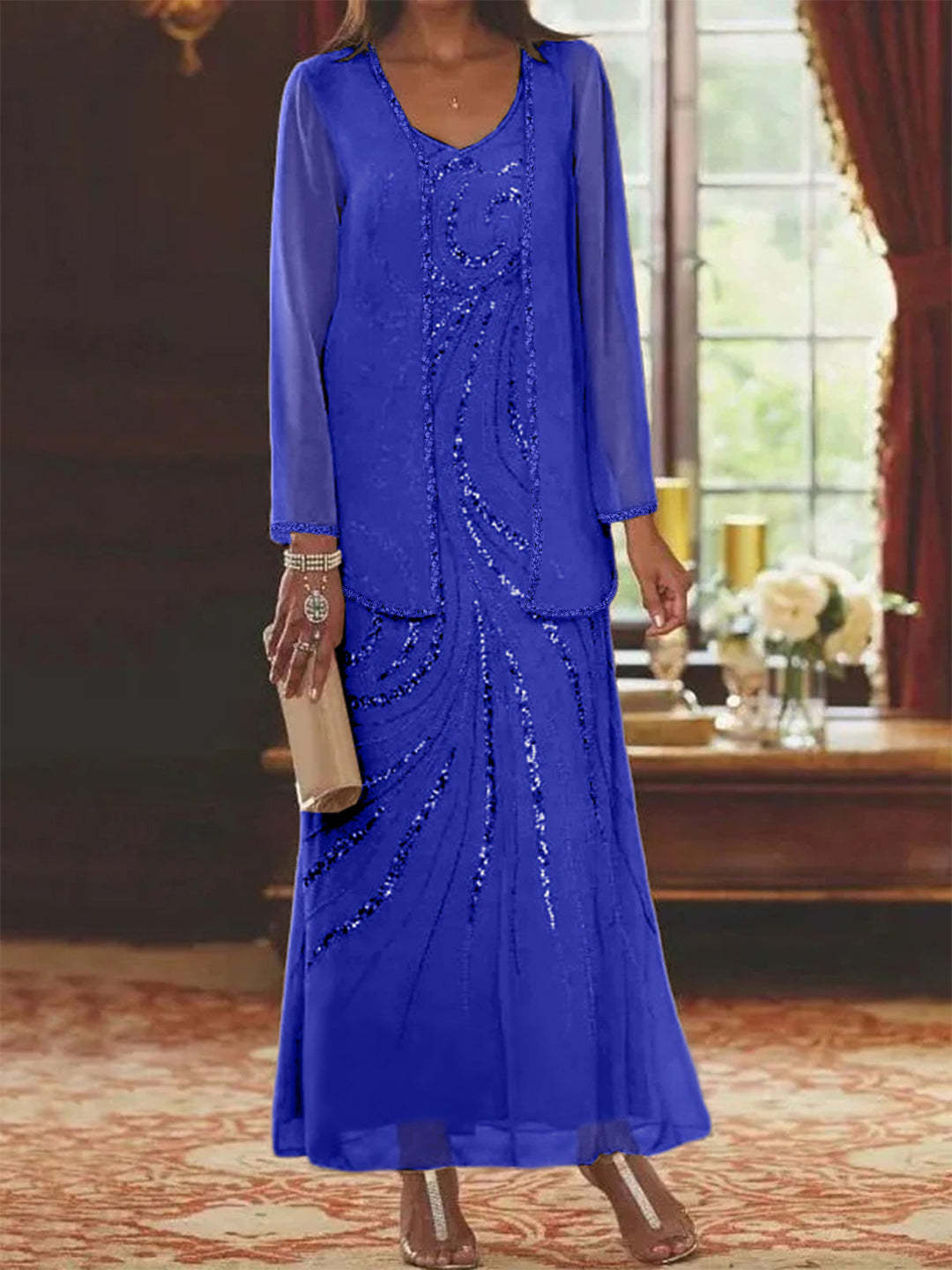 V-Neck Ankle-Length Sheath/Column Mother of the Bride Dresses with Sequins & Jacket