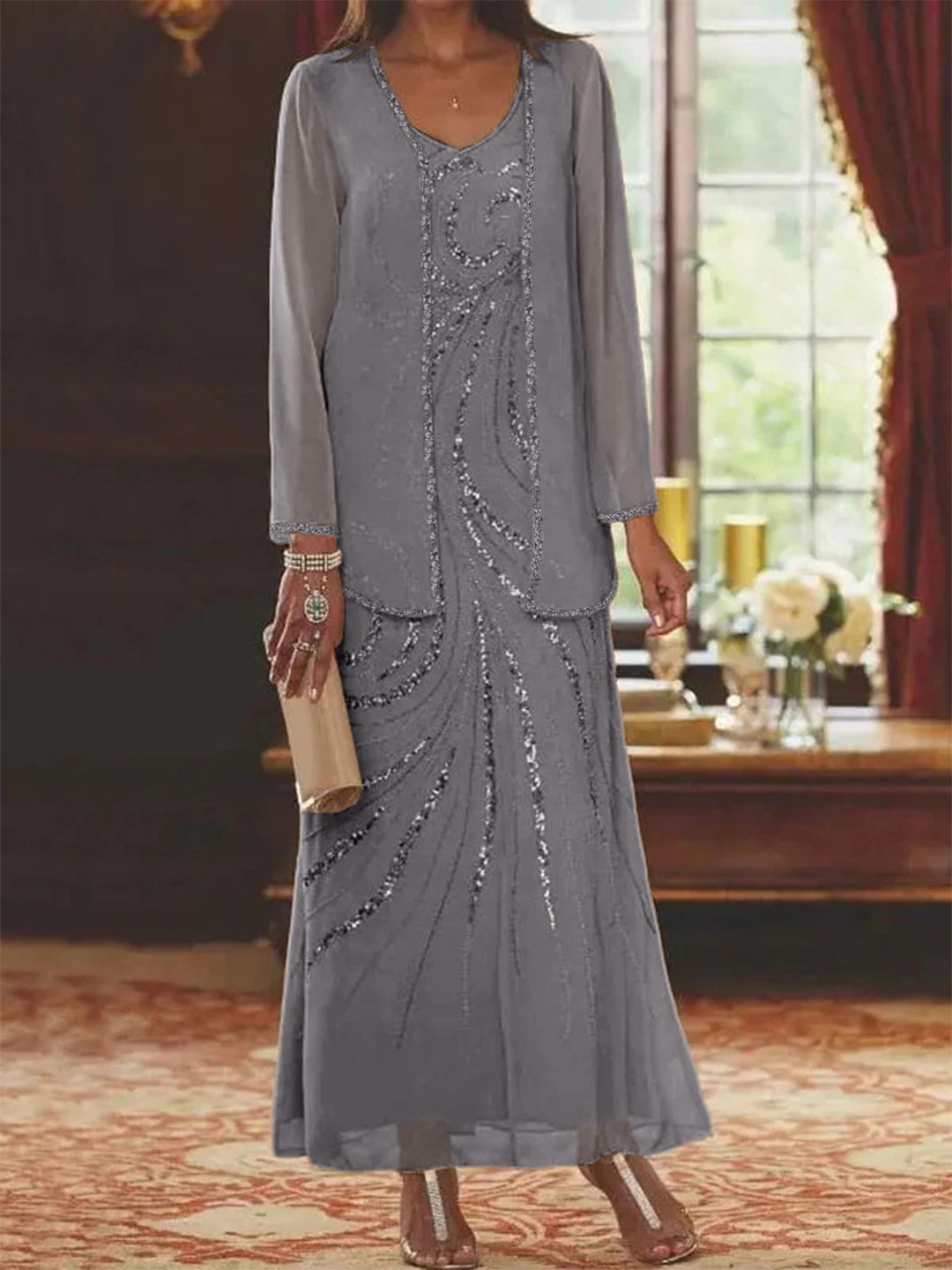 V-Neck Ankle-Length Sheath/Column Mother of the Bride Dresses with Sequins & Jacket