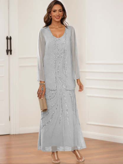 V-Neck Ankle-Length Sheath/Column Dress with Jacket & Sequins for Mothers of the Bride & Groom