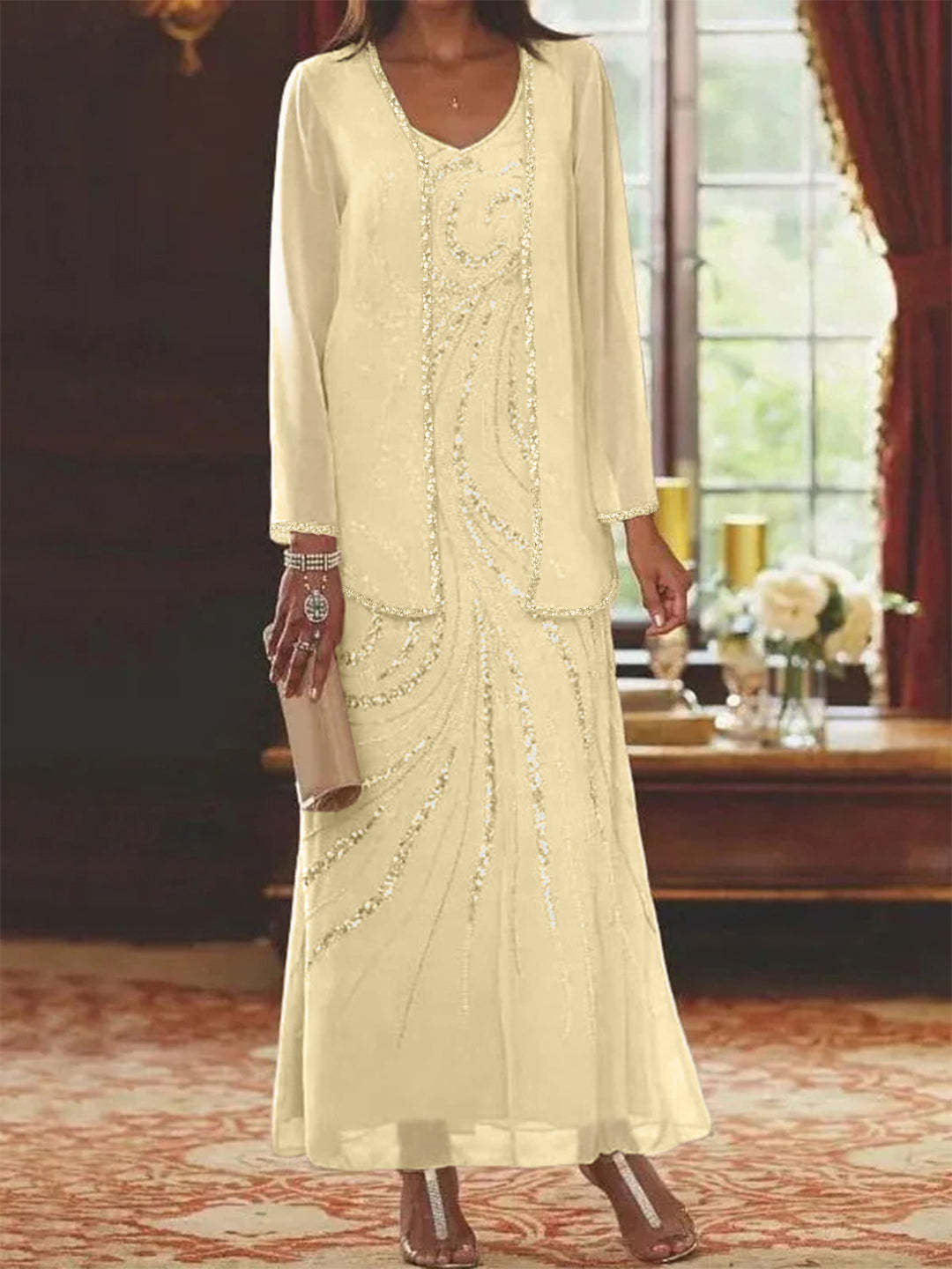 V-Neck Ankle-Length Sheath/Column Mother of the Bride Dresses with Sequins & Jacket
