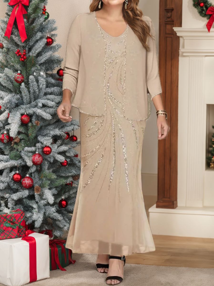 Plus Size V-Neck Ankle-Length Sheath/Column Mother of the Bride Dresses with Sequins & Jacket