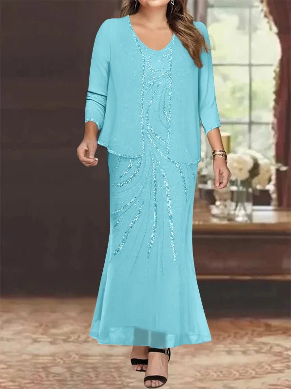 Plus Size V-Neck Ankle-Length Sheath/Column Mother of the Bride Dresses with Sequins & Jacket