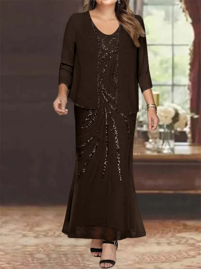 Plus Size V-Neck Ankle-Length Sheath/Column Mother of the Bride Dresses with Sequins & Jacket