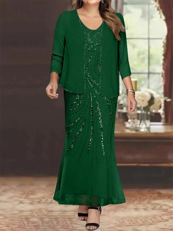 Plus Size V-Neck Ankle-Length Sheath/Column Mother of the Bride Dresses with Sequins & Jacket