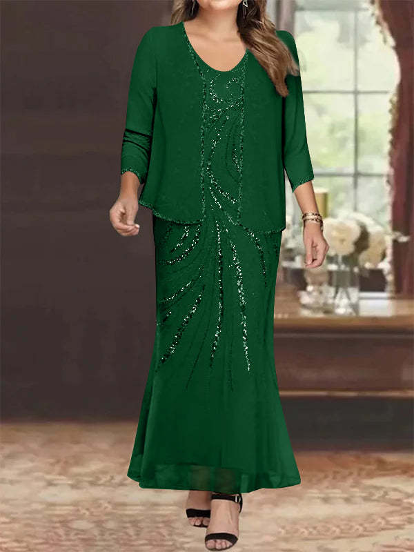 Plus Size V-Neck Ankle-Length Sheath/Column Mother of the Bride Dresses with Sequins & Jacket