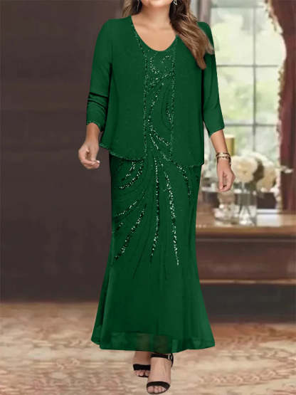 Plus Size V-Neck Ankle-Length Sheath/Column Mother of the Bride Dresses with Sequins & Jacket