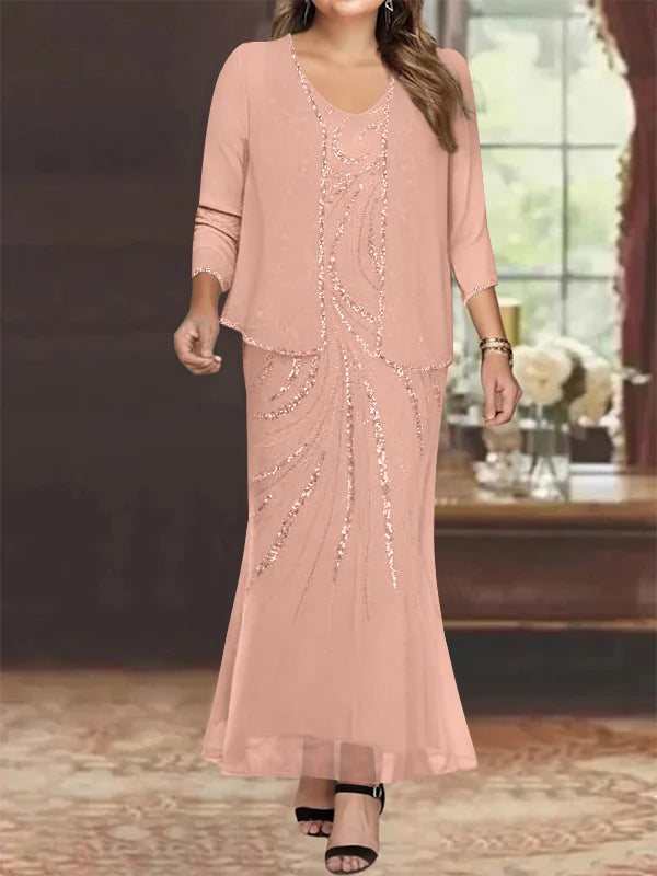 Plus Size V-Neck Ankle-Length Sheath/Column Mother of the Bride Dresses with Sequins & Jacket
