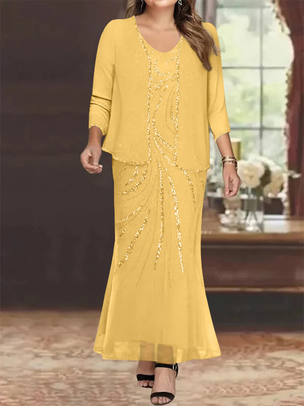 Plus Size V-Neck Ankle-Length Sheath/Column Mother of the Bride Dresses with Sequins & Jacket
