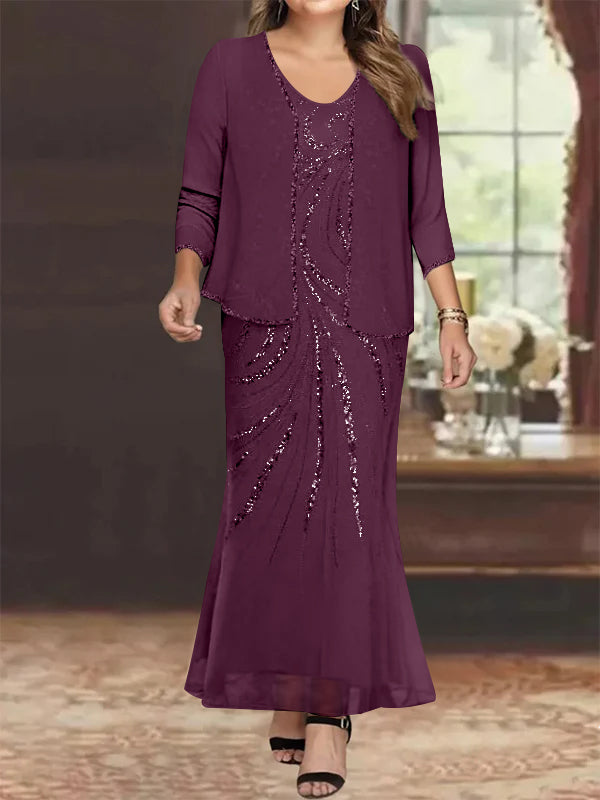 Plus Size V-Neck Ankle-Length Sheath/Column Mother of the Bride Dresses with Sequins & Jacket