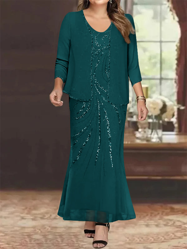 Plus Size V-Neck Ankle-Length Sheath/Column Mother of the Bride Dresses with Sequins & Jacket
