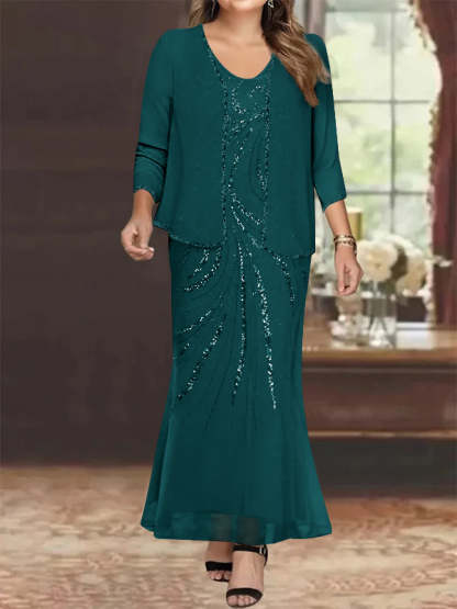Plus Size V-Neck Ankle-Length Sheath/Column Mother of the Bride Dresses with Sequins & Jacket