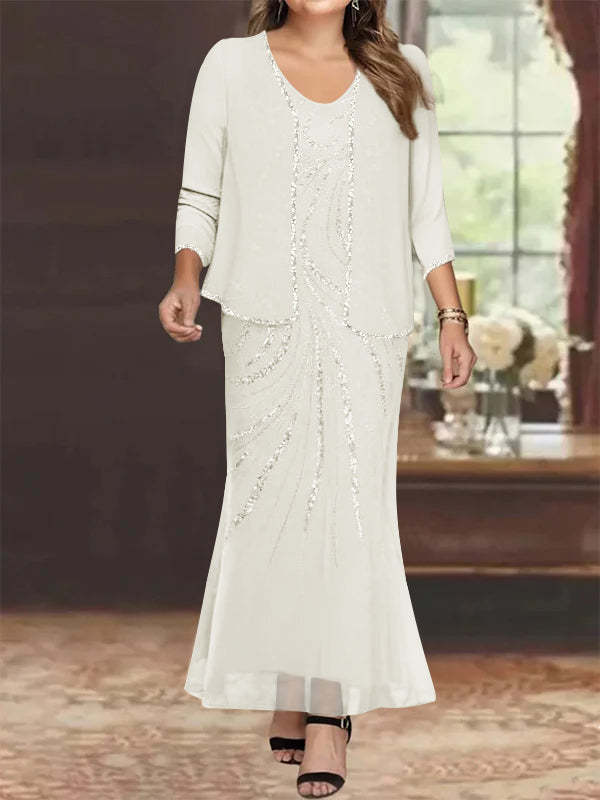 Plus Size V-Neck Ankle-Length Sheath/Column Mother of the Bride Dresses with Sequins & Jacket
