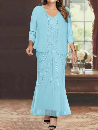 Plus Size V-Neck Ankle-Length Sheath/Column Mother of the Bride Dresses with Sequins & Jacket