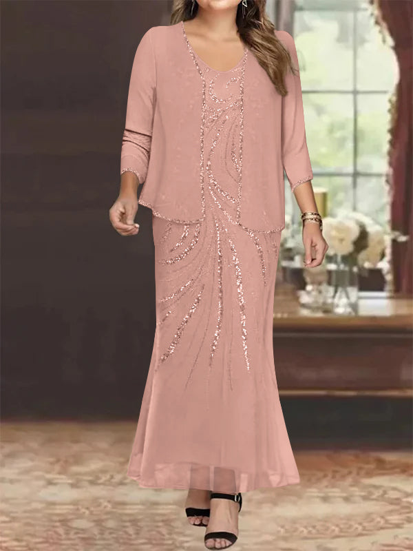 Plus Size V-Neck Ankle-Length Sheath/Column Mother of the Bride Dresses with Sequins & Jacket