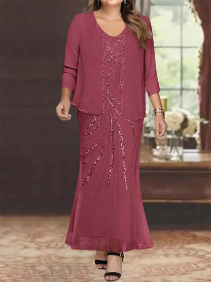 Plus Size V-Neck Ankle-Length Sheath/Column Mother of the Bride Dresses with Sequins & Jacket