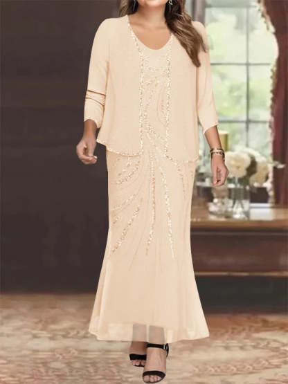 Plus Size V-Neck Ankle-Length Sheath/Column Mother of the Bride Dresses with Sequins & Jacket