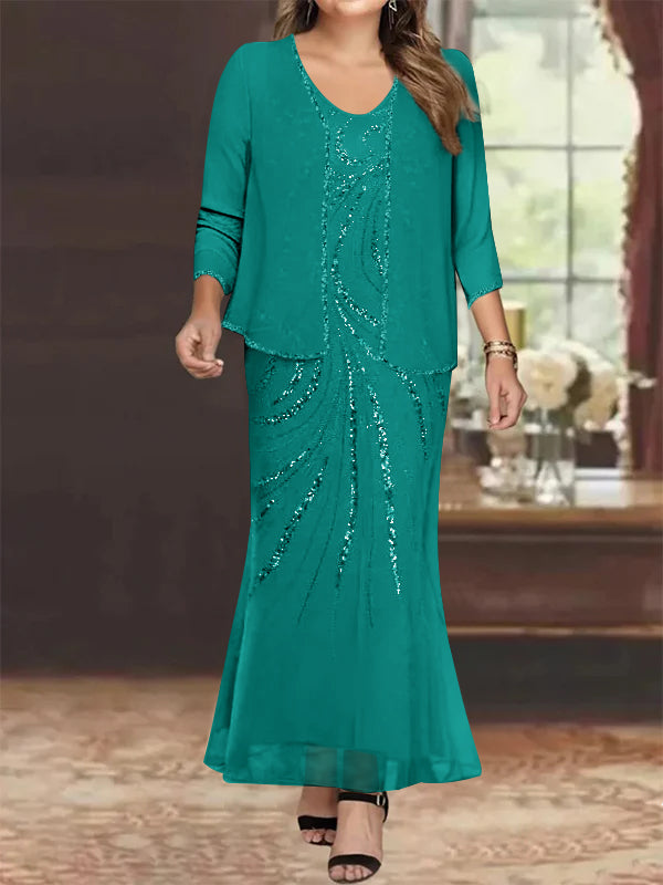 Plus Size V-Neck Ankle-Length Sheath/Column Mother of the Bride Dresses with Sequins & Jacket