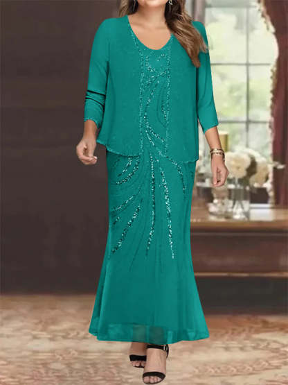 Plus Size V-Neck Ankle-Length Sheath/Column Mother of the Bride Dresses with Sequins & Jacket