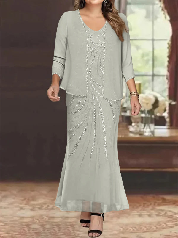Plus Size V-Neck Ankle-Length Sheath/Column Mother of the Bride Dresses with Sequins & Jacket