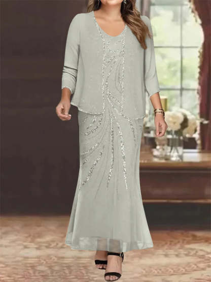 Plus Size V-Neck Ankle-Length Sheath/Column Mother of the Bride Dresses with Sequins & Jacket