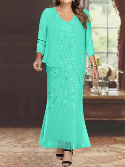 Plus Size V-Neck Ankle-Length Sheath/Column Mother of the Bride Dresses with Sequins & Jacket