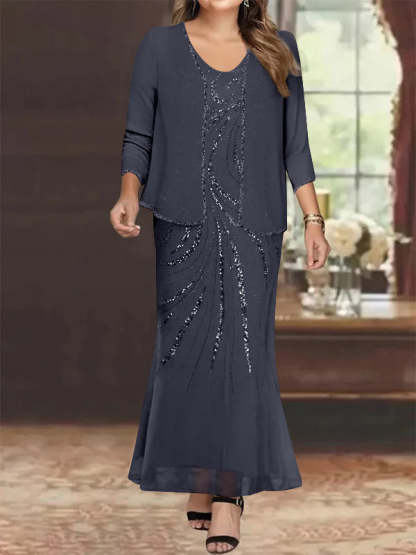 Plus Size V-Neck Ankle-Length Sheath/Column Mother of the Bride Dresses with Sequins & Jacket