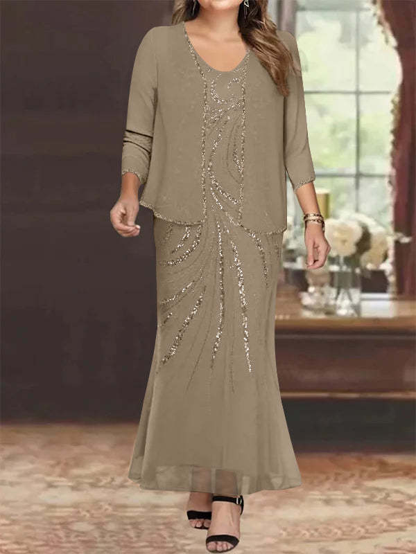 Plus Size V-Neck Ankle-Length Sheath/Column Mother of the Bride Dresses with Sequins & Jacket