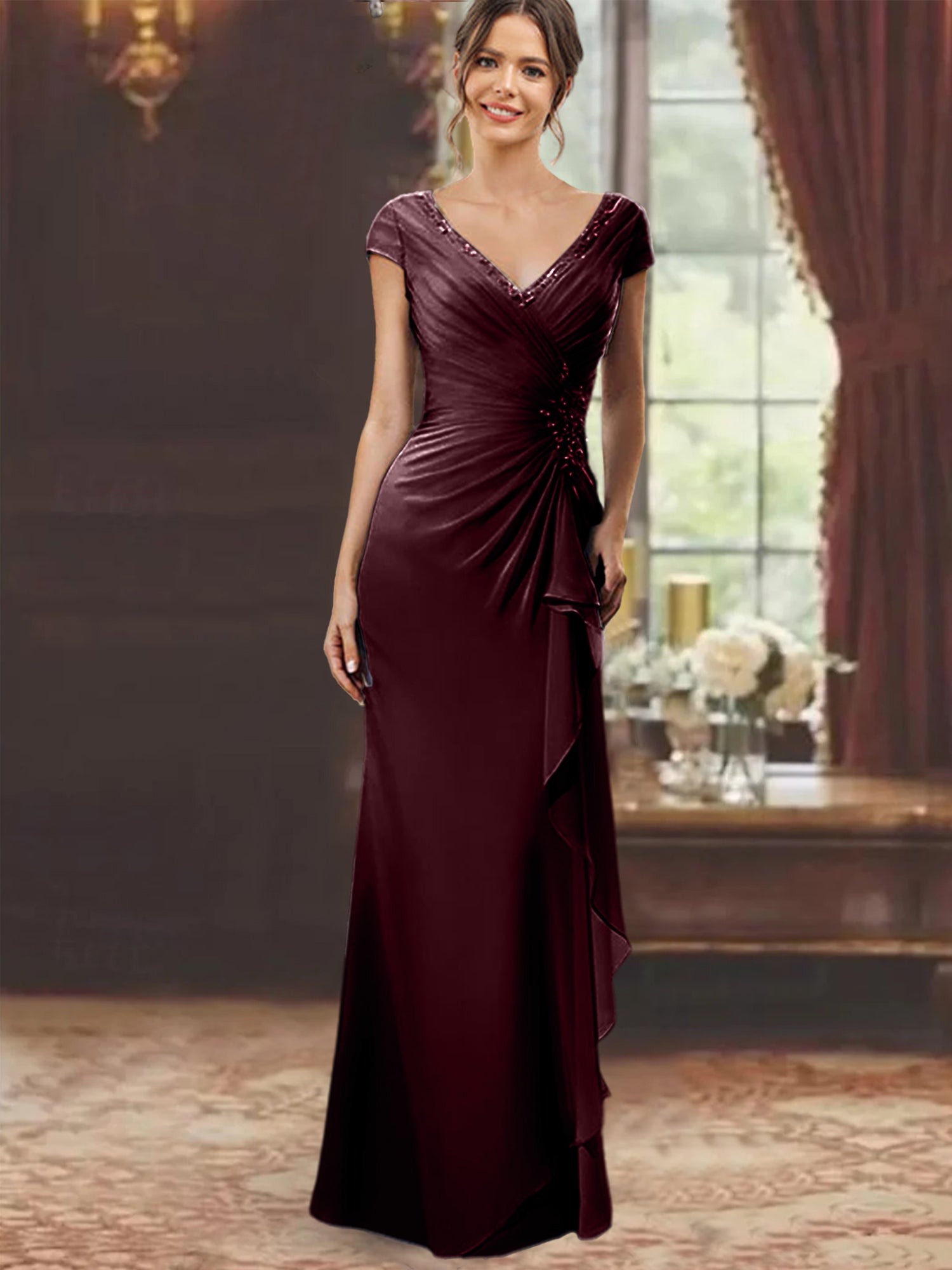 V-Neck Short-Sleeve Floor-Length Sheath Dress for the Mother of the Bride with Ruffles and Appliques