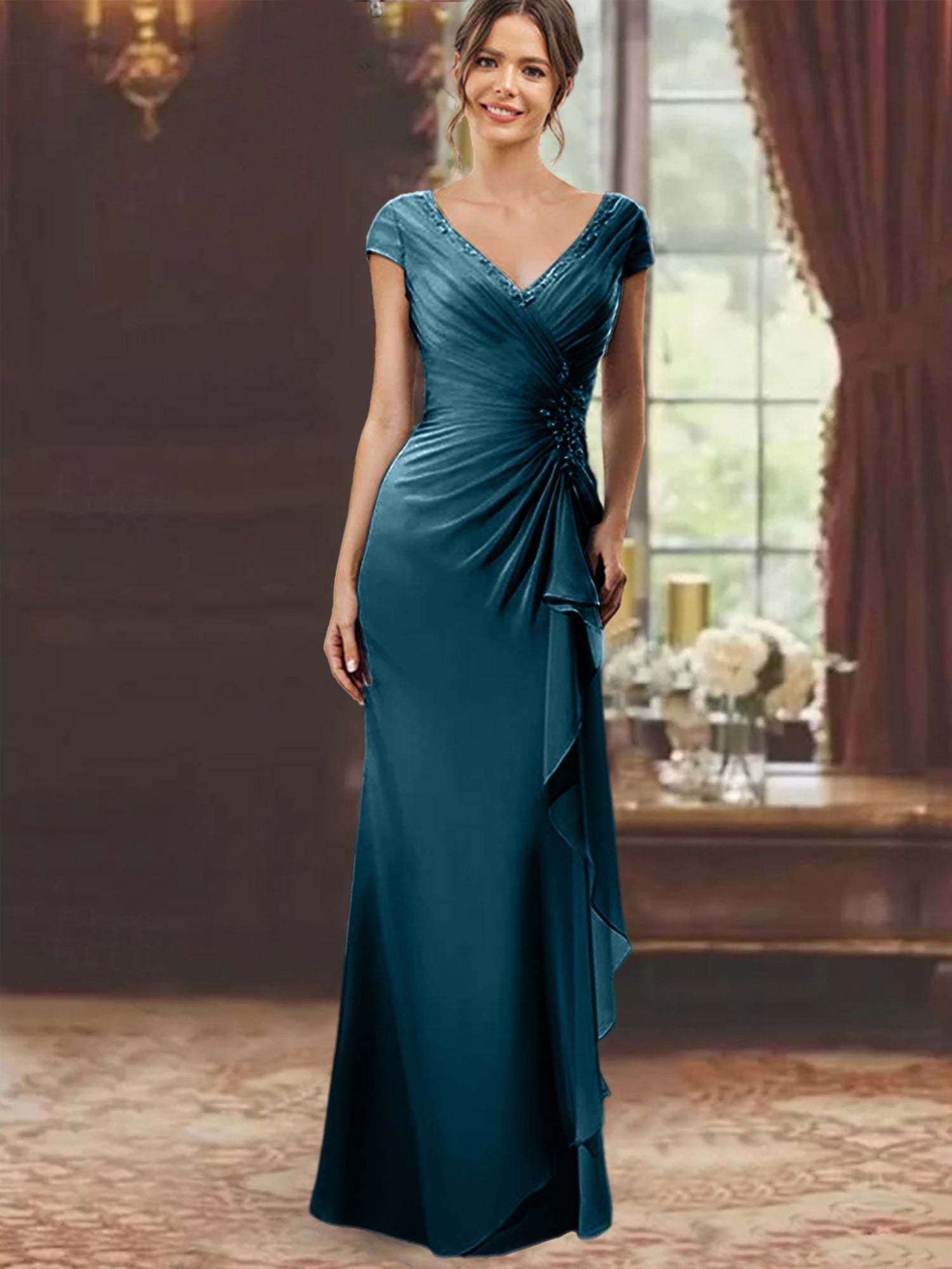 V-Neck Short-Sleeve Floor-Length Sheath Dress for the Mother of the Bride with Ruffles and Appliques