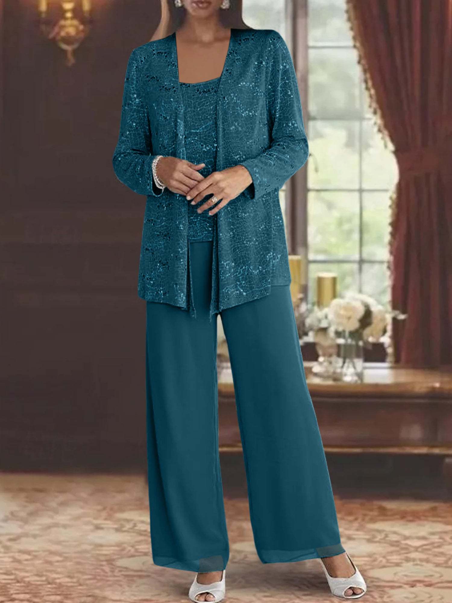 Sequined Chiffon Pantsuits for the Mother of the Bride with Jacket