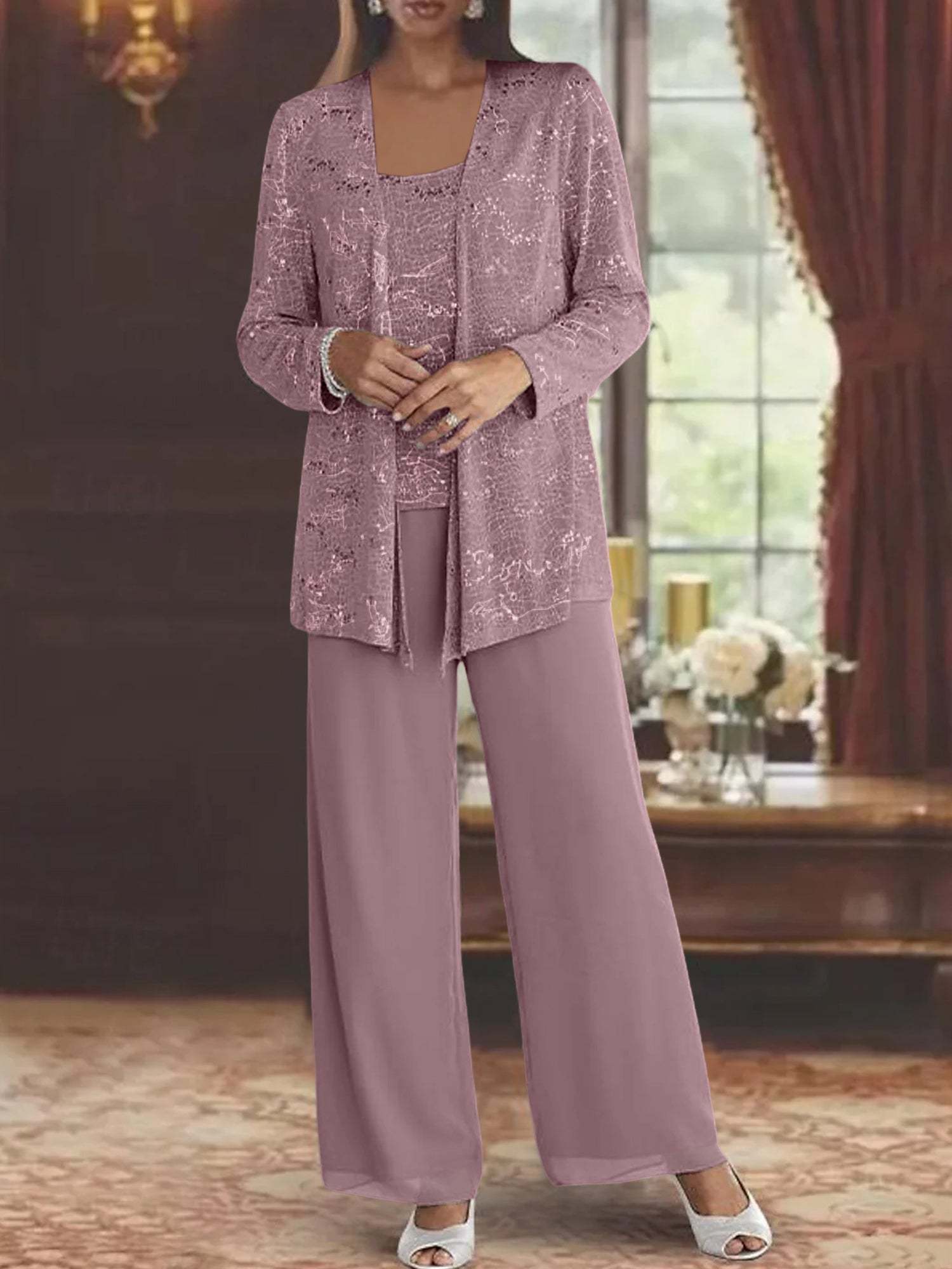 Sequined Chiffon Pantsuits for the Mother of the Bride with Jacket