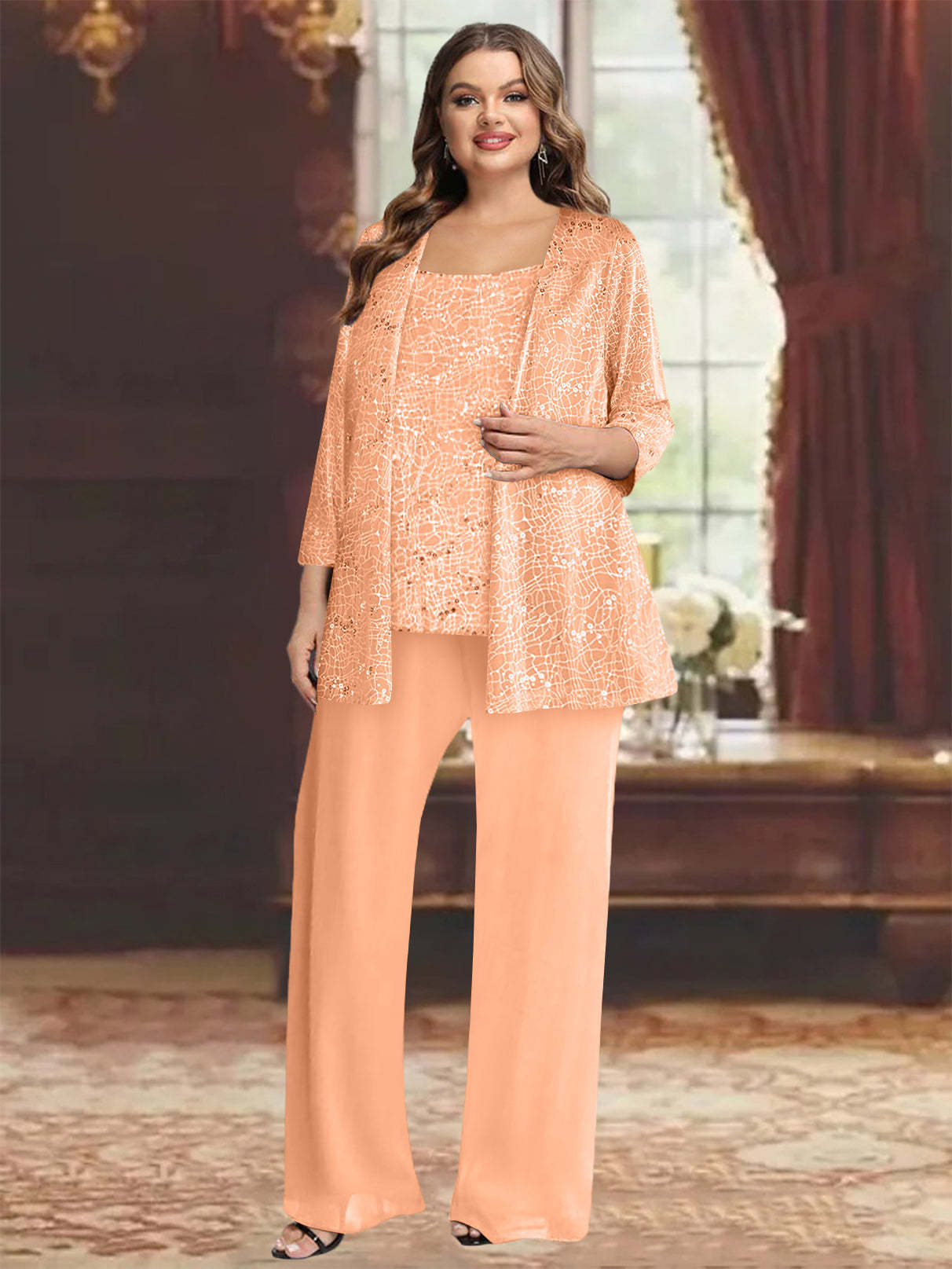 Plus Size Chiffon Mother of the Bride Pantsuit with Sequined Jacket