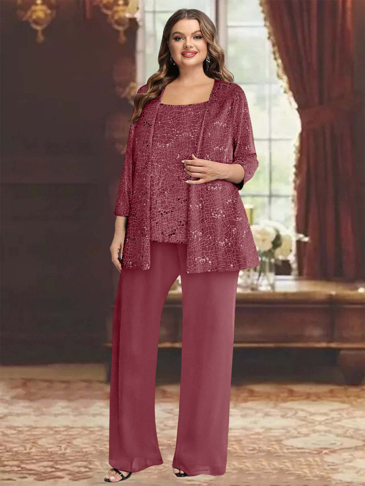 Plus Size Chiffon Mother of the Bride Pantsuit with Sequined Jacket
