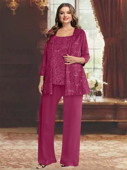 Plus Size Chiffon Mother of the Bride Pantsuit with Sequined Jacket