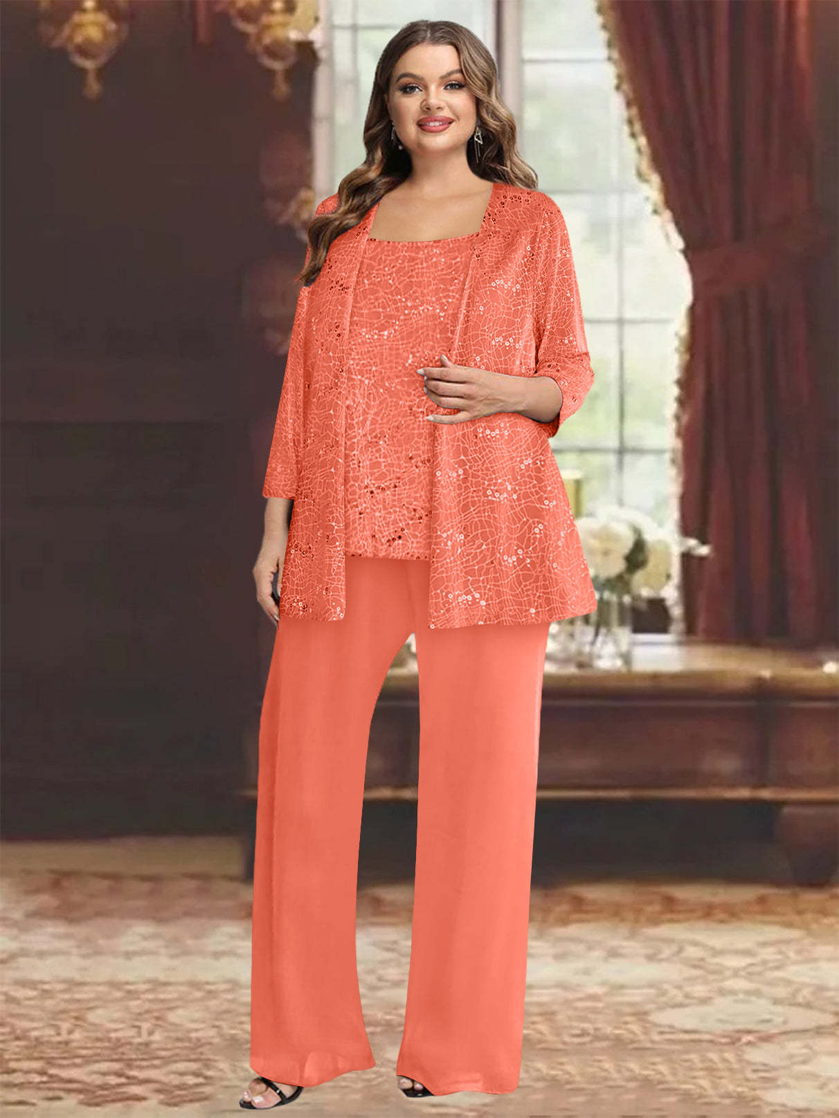 Plus Size Chiffon Mother of the Bride Pantsuit with Sequined Jacket
