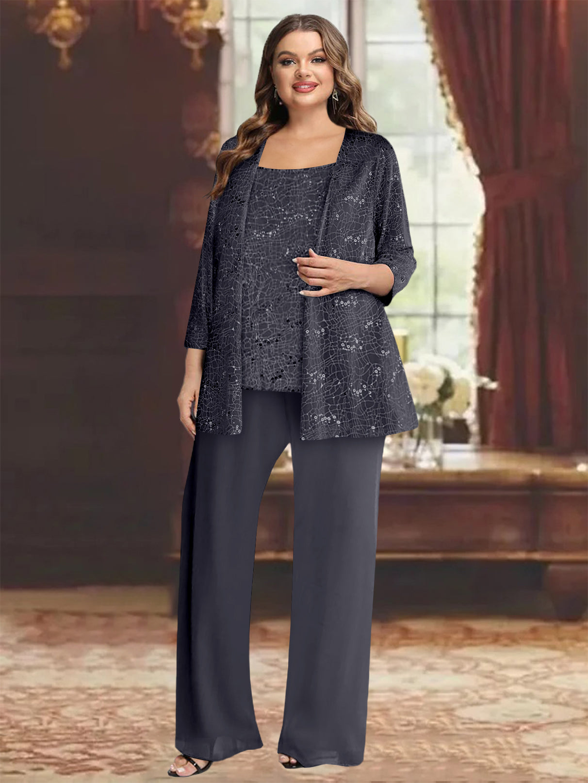 Plus Size Chiffon Mother of the Bride Pantsuit with Sequined Jacket