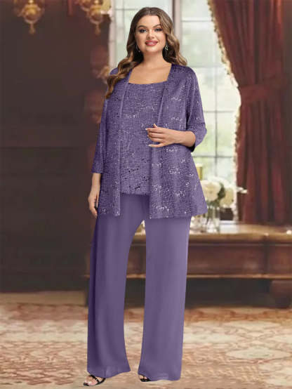 Plus Size Chiffon Mother of the Bride Pantsuit with Sequined Jacket