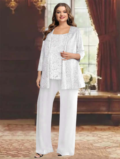 Plus Size Chiffon Mother of the Bride Pantsuit with Sequined Jacket