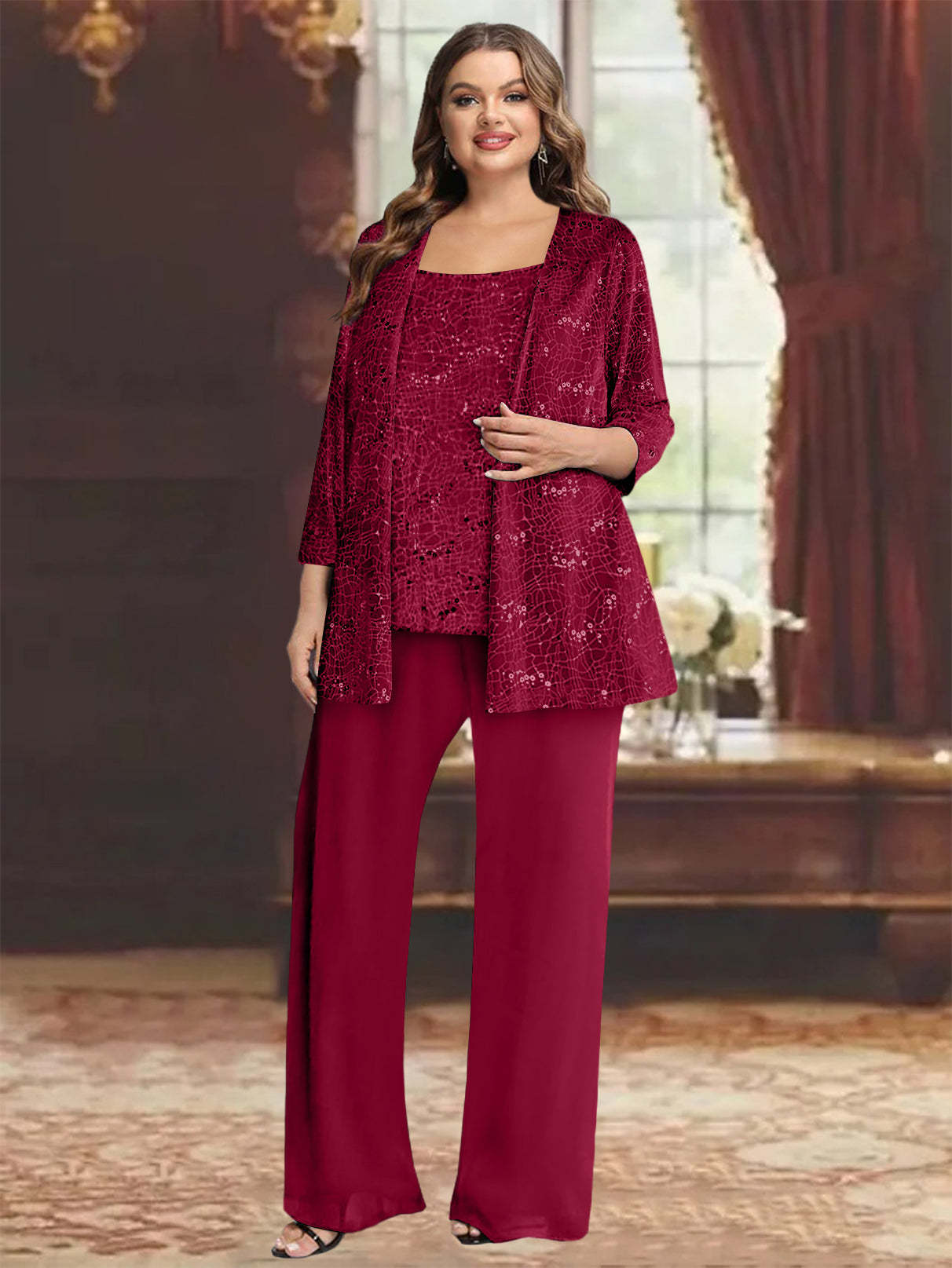 Plus Size Chiffon Mother of the Bride Pantsuit with Sequined Jacket