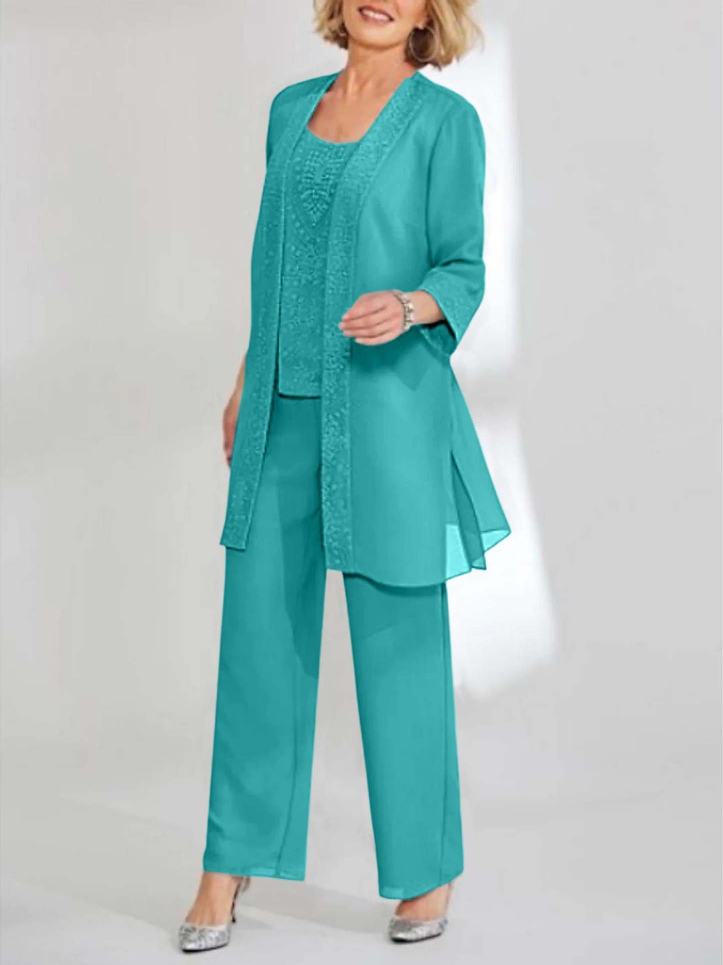 Ankle-Length Chiffon Mother of the Bride Pantsuit with Jacket in Scoop Style