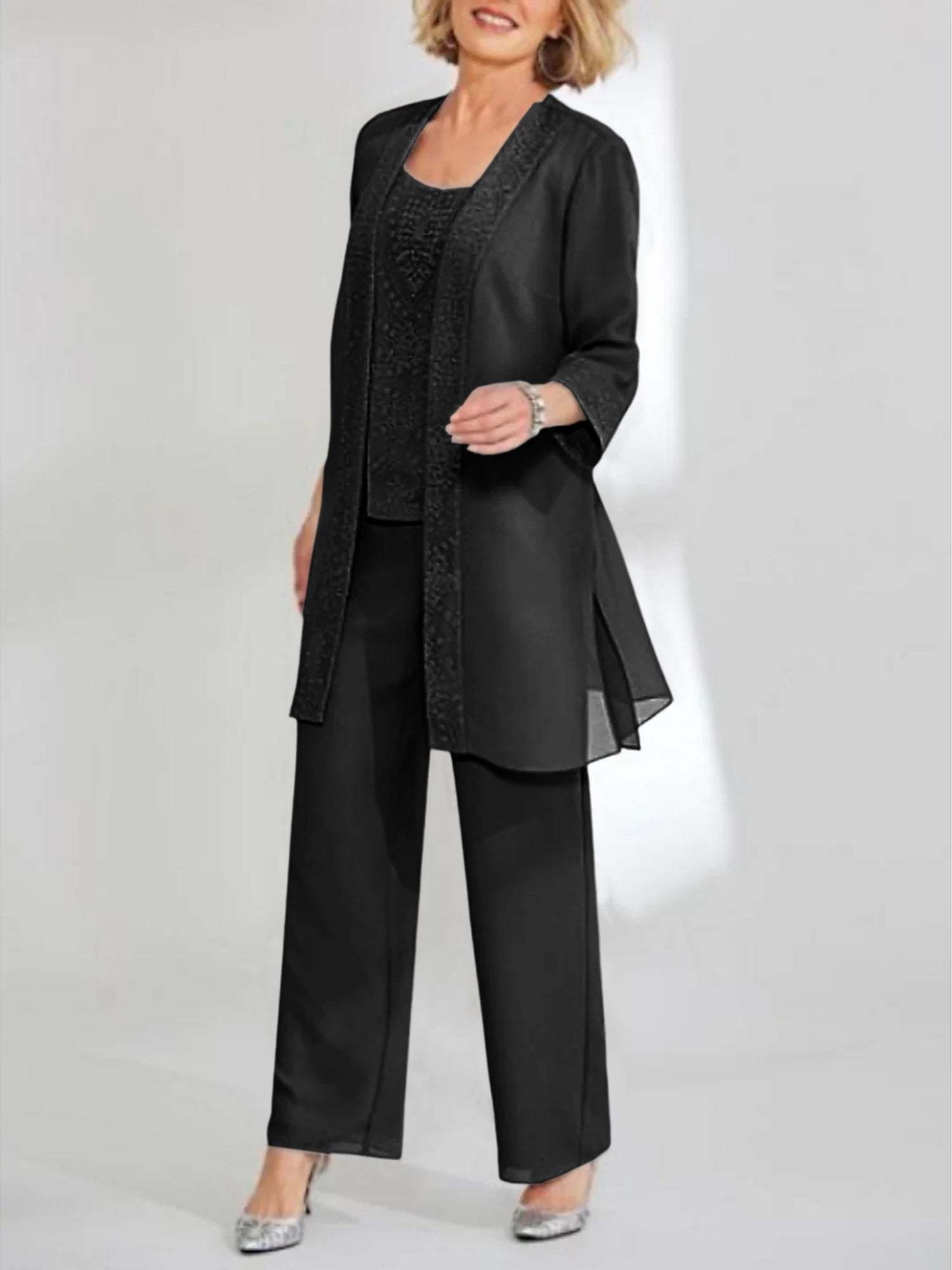 Ankle-Length Chiffon Mother of the Bride Pantsuit with Jacket in Scoop Style