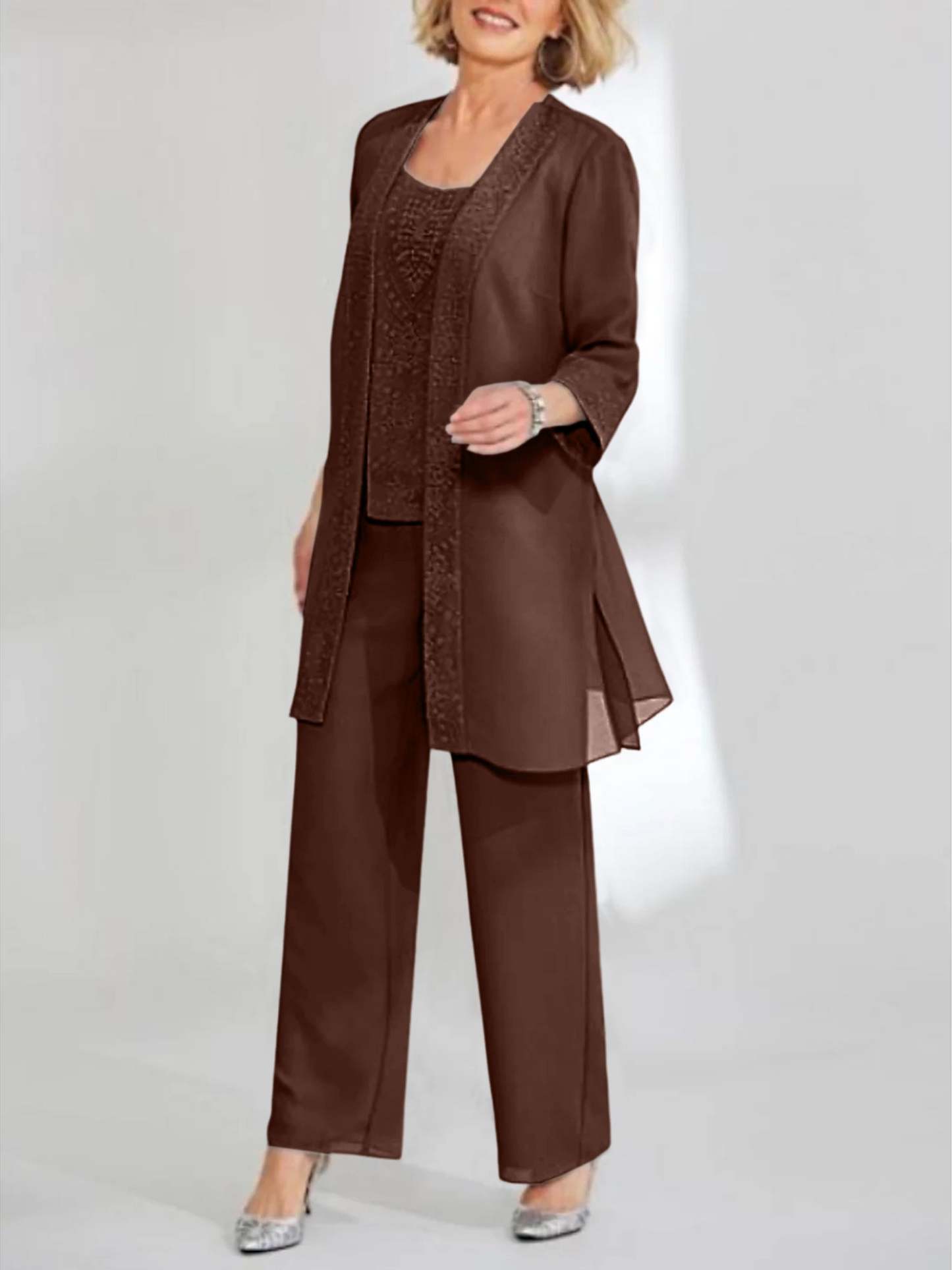 Ankle-Length Chiffon Mother of the Bride Pantsuit with Jacket in Scoop Style