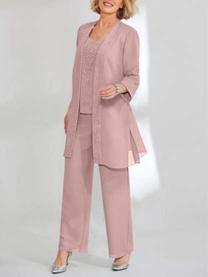 Ankle-Length Chiffon Mother of the Bride Pantsuit with Jacket in Scoop Style