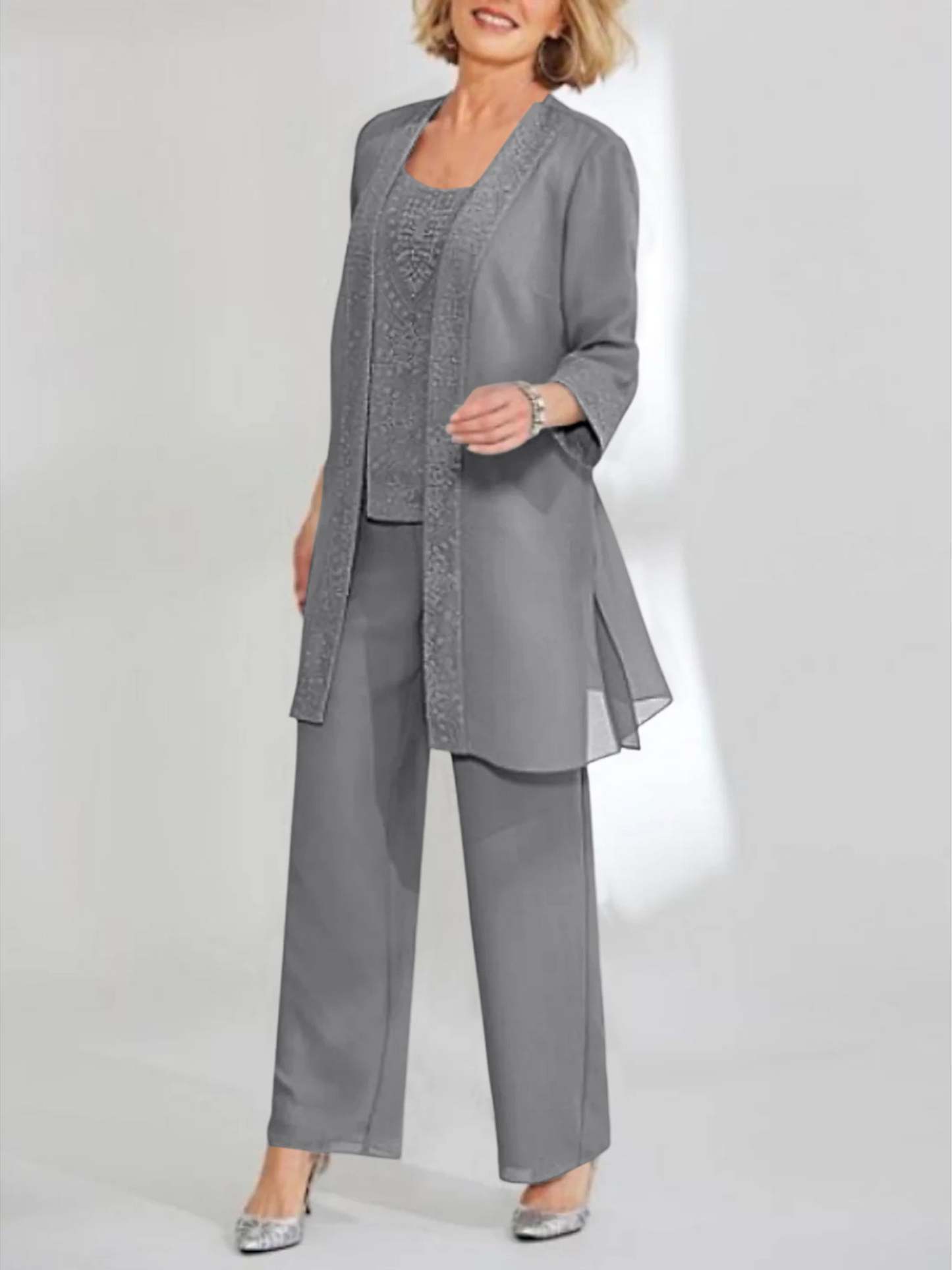 Ankle-Length Chiffon Mother of the Bride Pantsuit with Jacket in Scoop Style