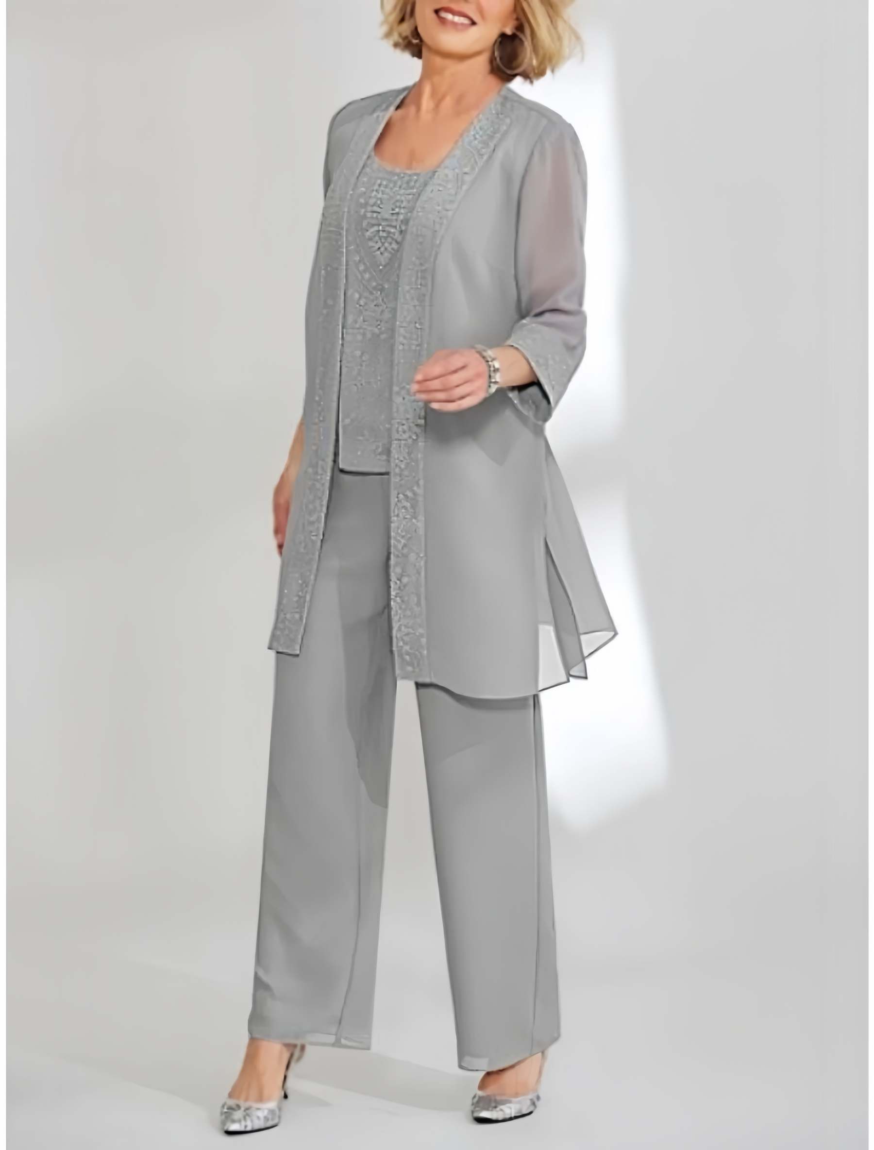 Ankle-Length Chiffon Mother of the Bride Pantsuit with Jacket in Scoop Style