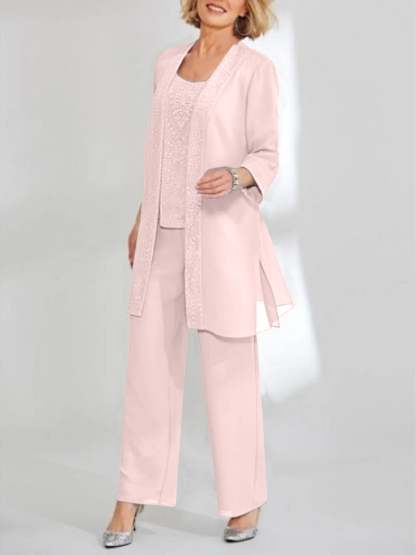 Ankle-Length Chiffon Mother of the Bride Pantsuit with Jacket in Scoop Style