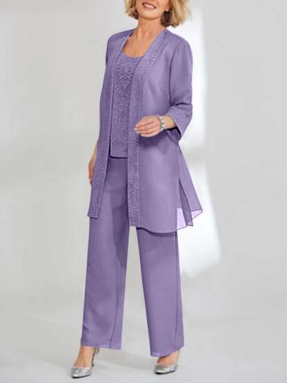 Ankle-Length Chiffon Mother of the Bride Pantsuit with Jacket in Scoop Style