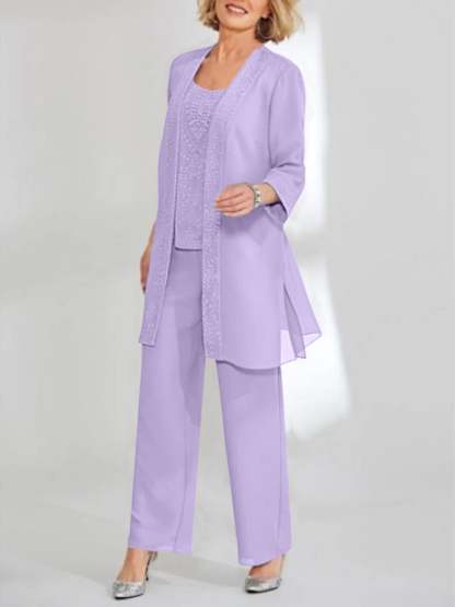 Ankle-Length Chiffon Mother of the Bride Pantsuit with Jacket in Scoop Style