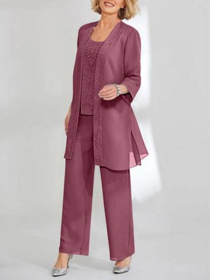 Ankle-Length Chiffon Mother of the Bride Pantsuit with Jacket in Scoop Style